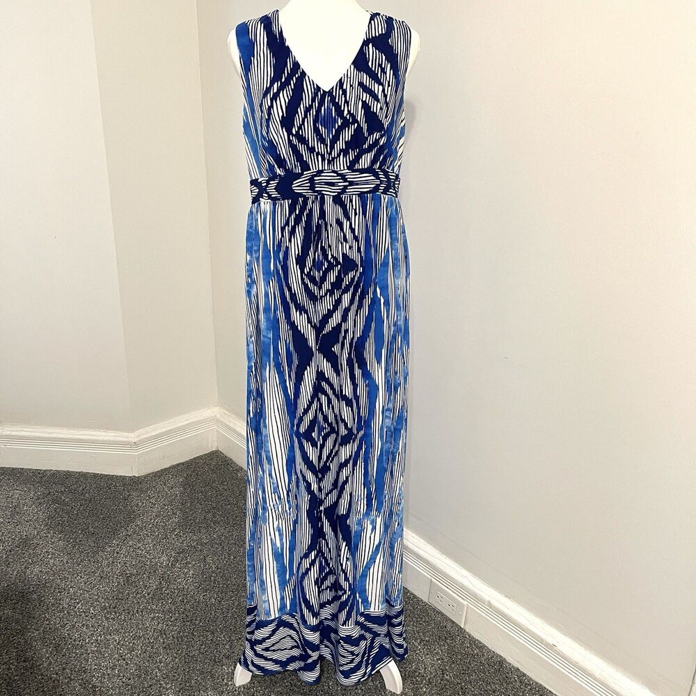 Chicos Maxi Dress Womens Medium Blue White Ikat Sleeveless V Neck Stretch